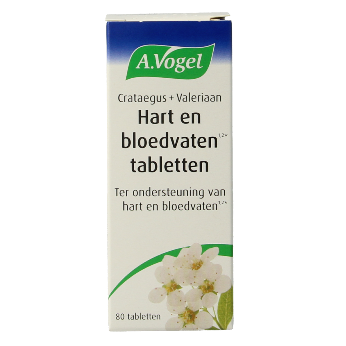 A Vogel Crataegus and Valeriaan herbal tablets bottle with 80 tablets, featuring the product label and packaging.