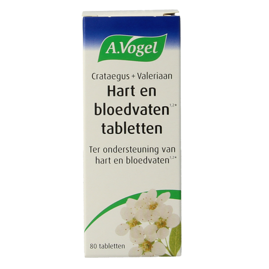 A Vogel Crataegus and Valeriaan herbal tablets bottle with 80 tablets, featuring the product label and packaging.