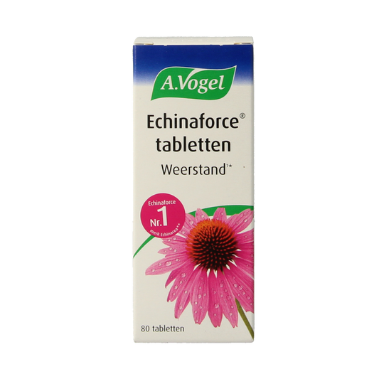 A Vogel Echinaforce herbal tablets in a bottle, natural supplement from A Vogel for immune support, with label and tablets visible.