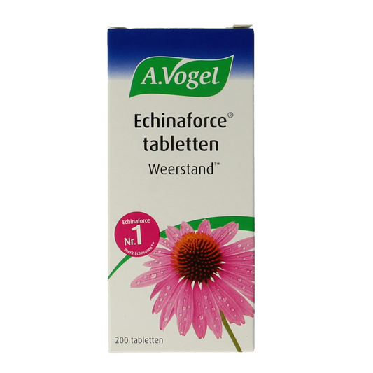 A Vogel Echinaforce 200 tablets, herbal supplement in a clear plastic bottle with label, showing the product packaging.