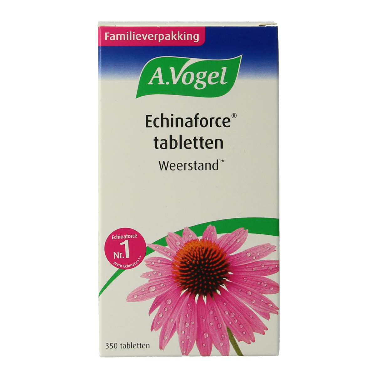 A Vogel Echinaforce 350 mg herbal tablets in a white bottle, featuring the product label with herbal plant images.