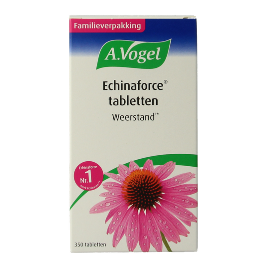 A Vogel Echinaforce 350 mg herbal tablets in a white bottle, featuring the product label with herbal plant images.