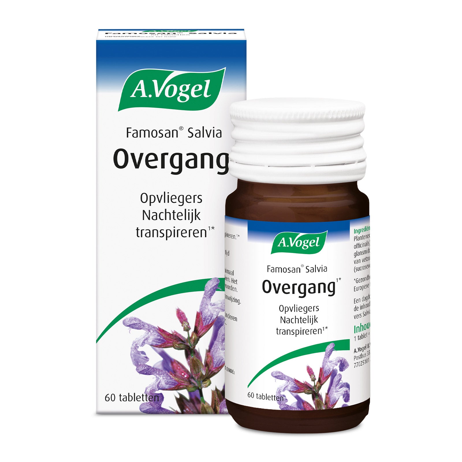 A Vogel Famosan Salvia Overgang herbal tablets in a blister pack, natural herbal supplement for hormonal balance.
