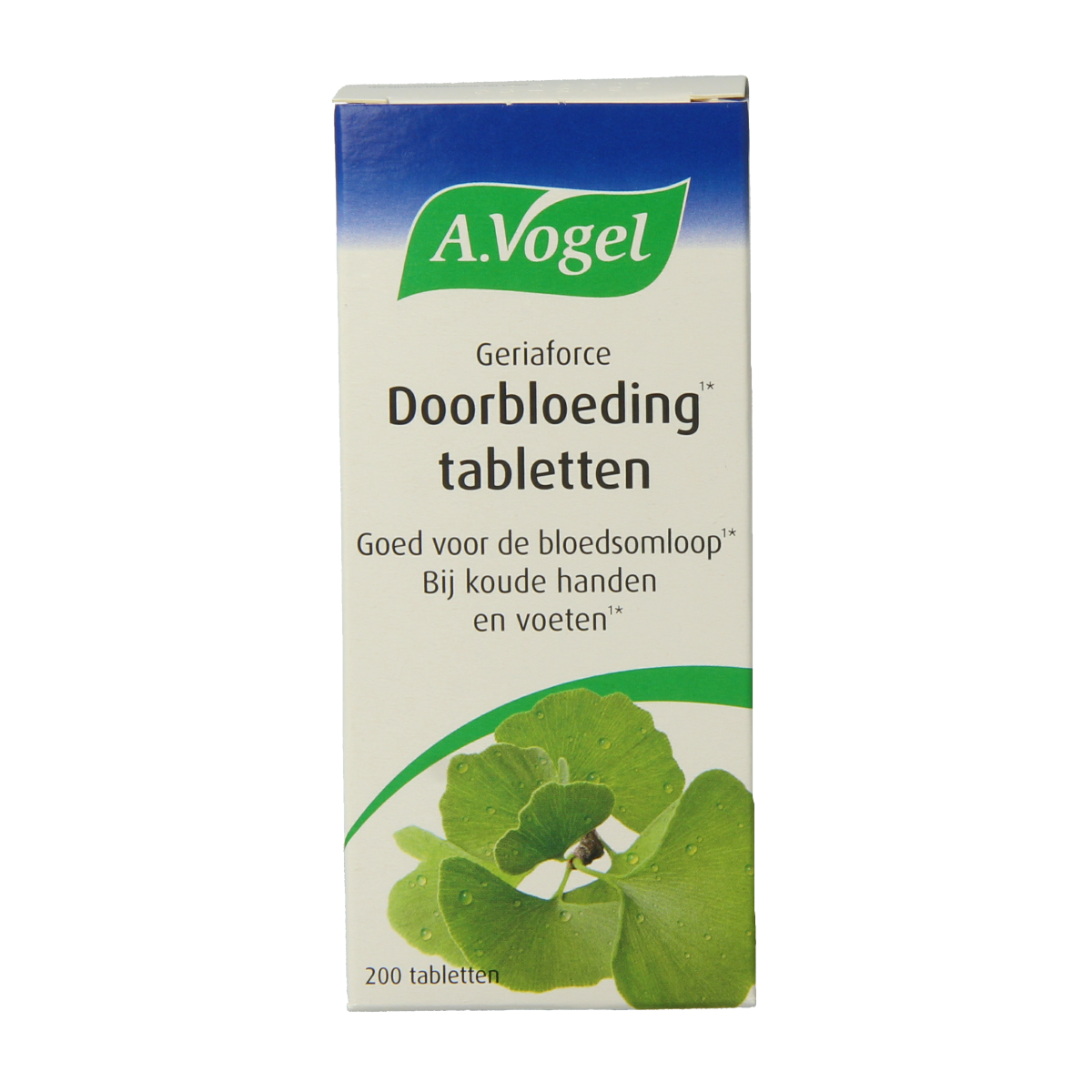 A Vogel Geriaforce doorbloeding herbal supplement tablets in a blister pack, showing the product packaging and tablets.