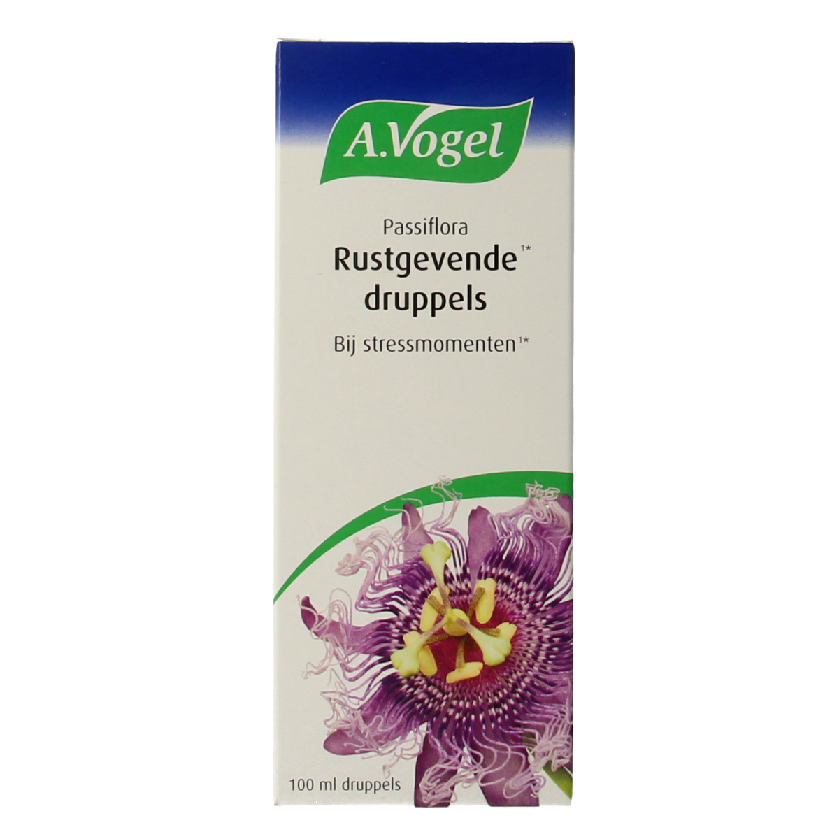 A Vogel Passiflora rustgevende druppels in 100ml bottle, herbal remedy with Passiflora plants and dropper cap, herbal supplement.