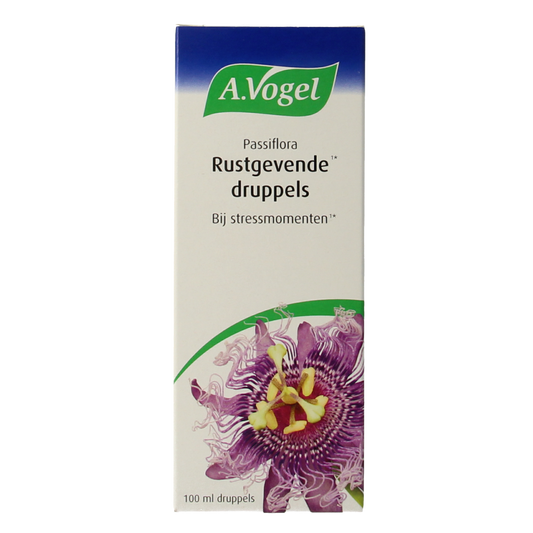 A Vogel Passiflora rustgevende druppels in 100ml bottle, herbal remedy with Passiflora plants and dropper cap, herbal supplement.