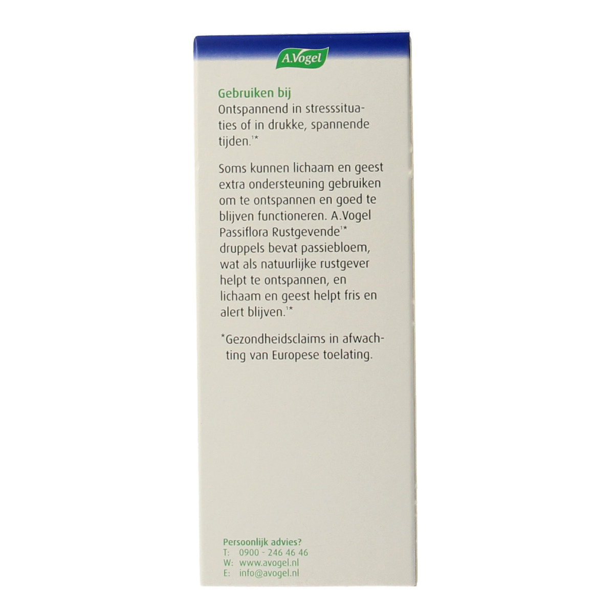 A Vogel Passiflora rustgevende druppels in 100ml bottle, a herbal supplement for relaxation, shown in the image.
