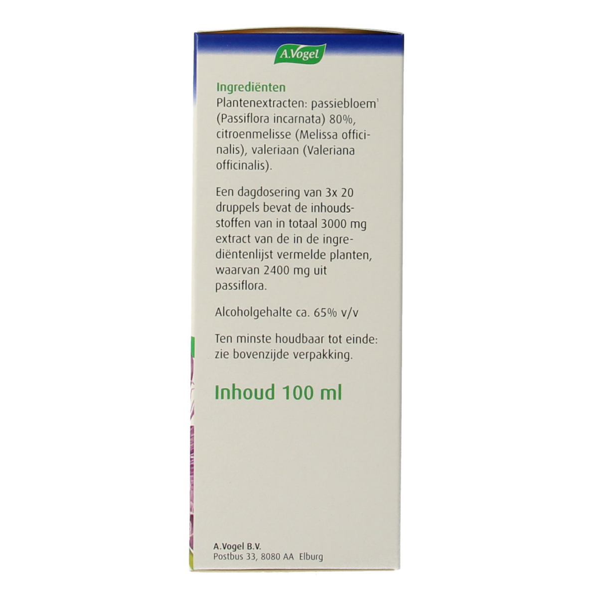 A Vogel Passiflora rustgevende druppels in 100ml bottle, herbal supplement for relaxation, with dropper cap and label showing product details.