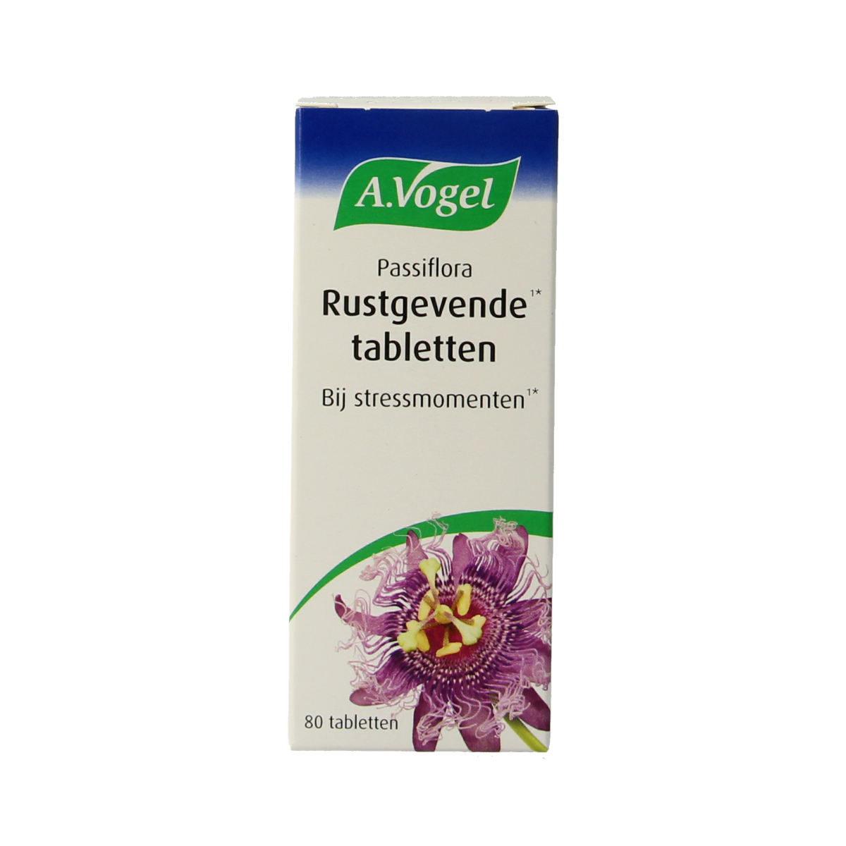 A Vogel Passiflora rustgevende tabletten in a blister pack, herbal supplement for relaxation, with green and white packaging.