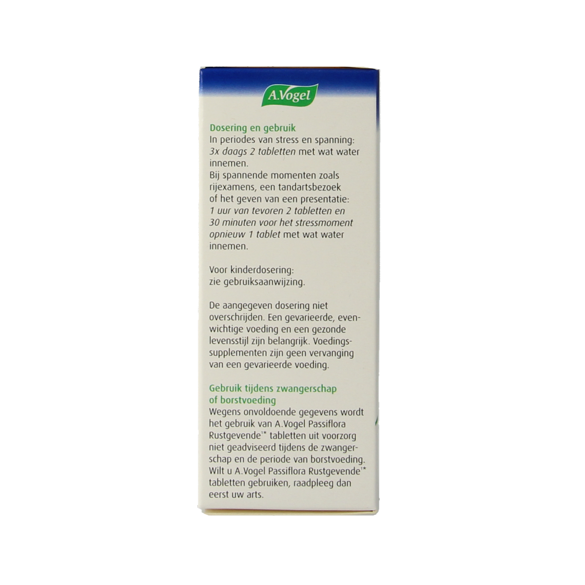 A Vogel Passiflora rustgevende tabletten in a white bottle with green label, showing the product name and tablets inside.