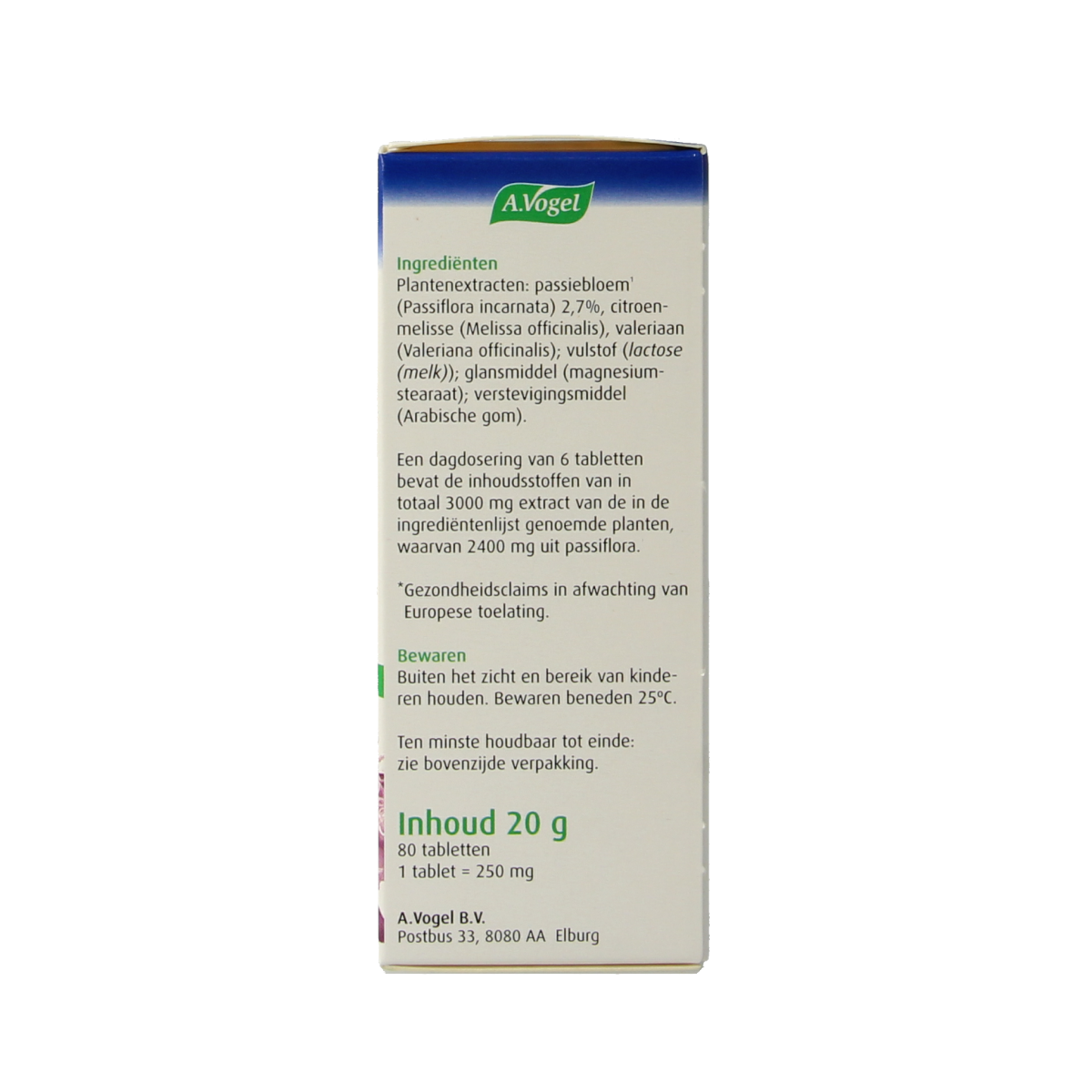 A Vogel Passiflora rustgevende kruidenpreparaten, rustgevende tabletten, 80 stuks, verpakking with herbal supplement tablets.
