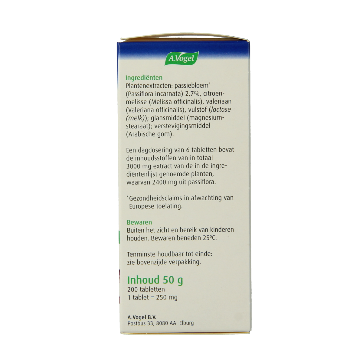 A Vogel Passiflora rustgevende tabletten in a bottle, herbal supplement for relaxation, with 200 tablets visible.
