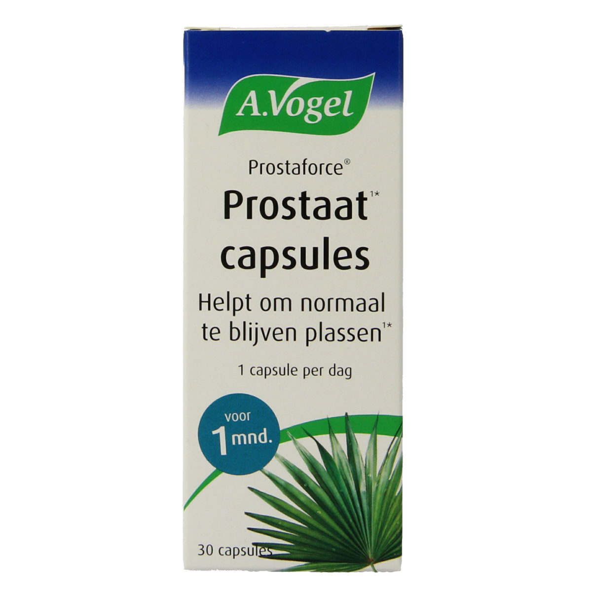 A Vogel Prostaforce herbal supplement capsules, 30 count, in a white bottle with green label, designed for urinary health support.