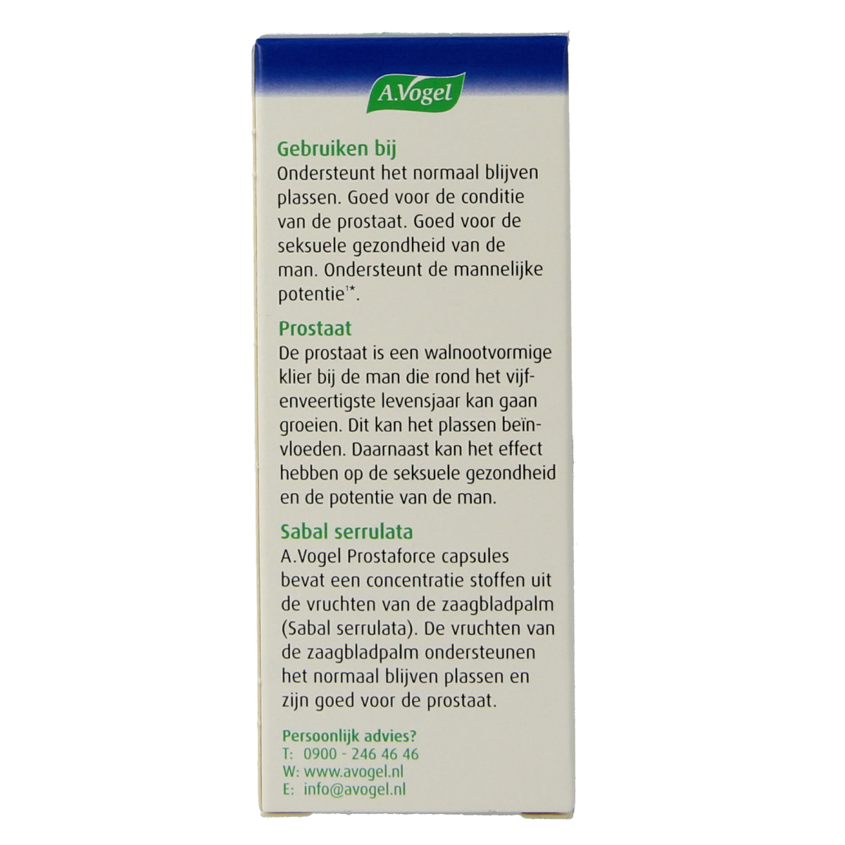 A Vogel Prostaforce herbal supplement capsules in a white bottle with green label, designed for natural bladder health support.