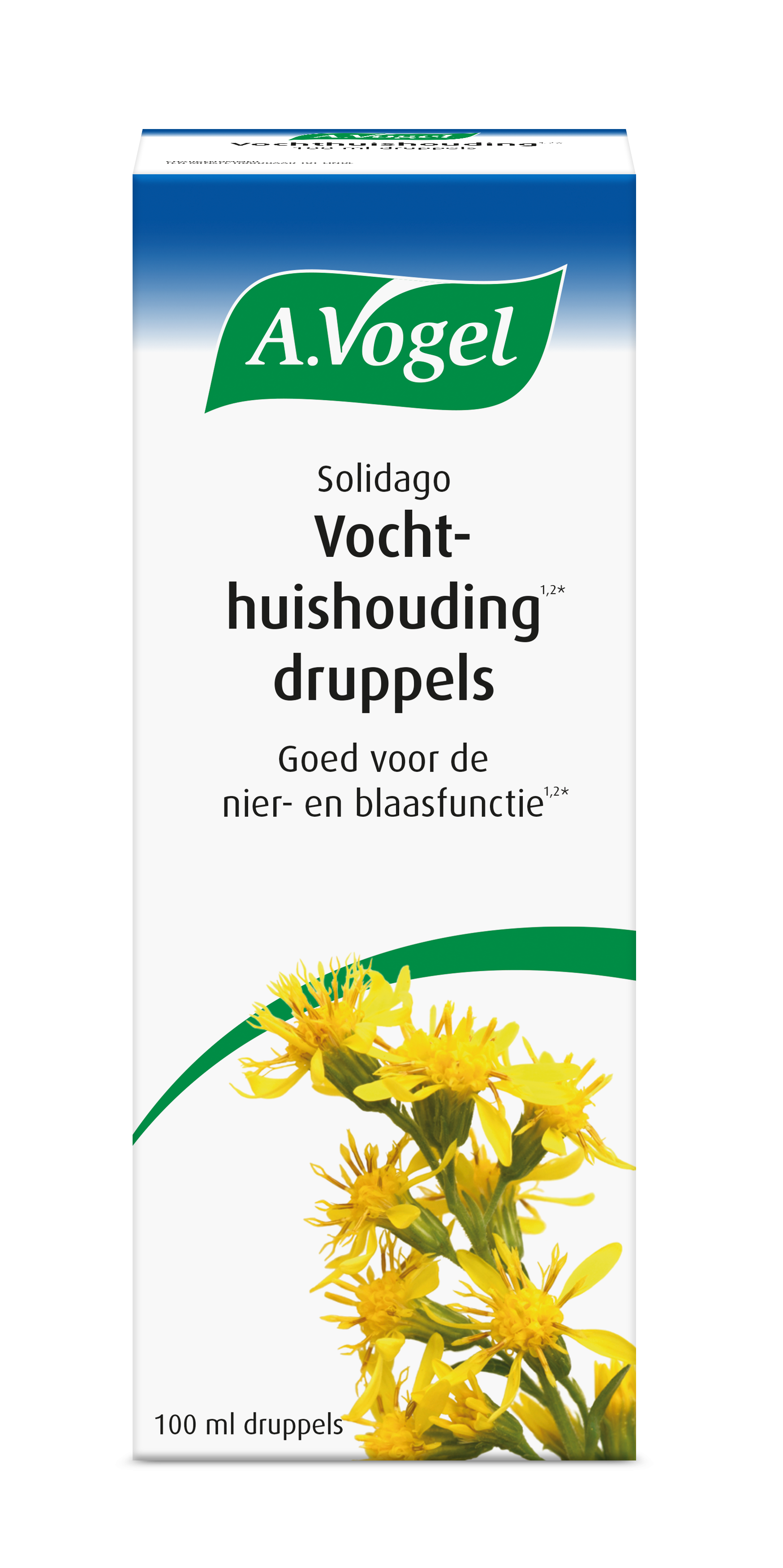 A Vogel Solidago herbal supplement in a 100ml bottle, part of A Vogel's herbal preparations line, with a label showing herbal ingredients.