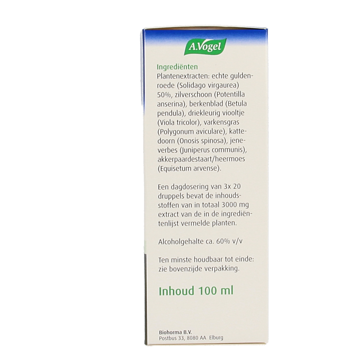 A Vogel Solidago herbal preparation bottle, 100ml, in a clear container with label, part of A Vogel's herbal supplement line.