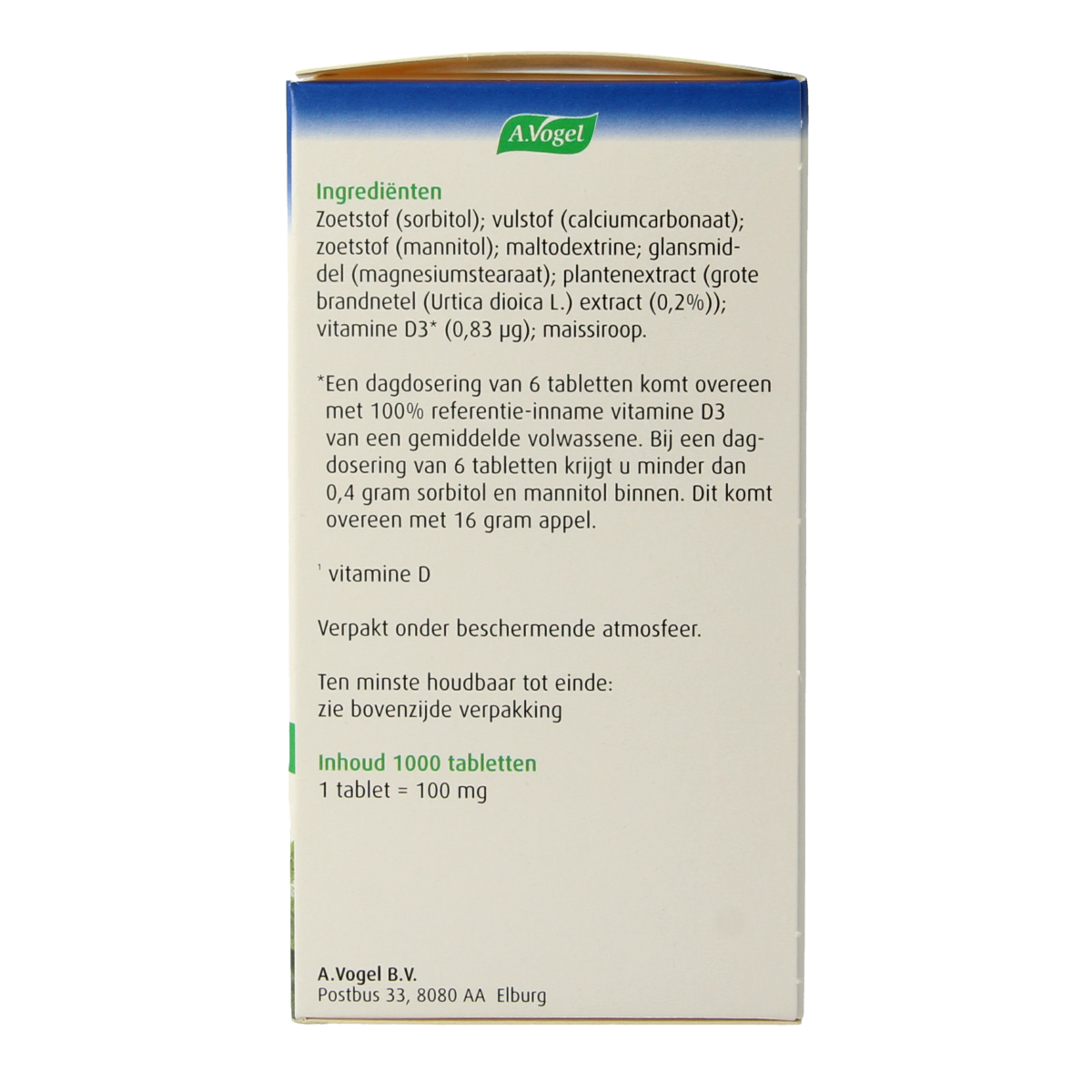 A Vogel Urticalcin 1000 mg herbal supplement tablets in a bottle, part of A Vogel's herbal remedy product line.