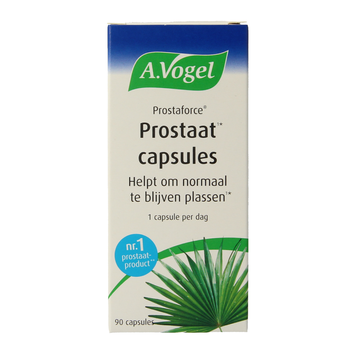 A Vogel Prostaforce 90 capsules in a blister pack, herbal supplement for urinary health, with green and white packaging.