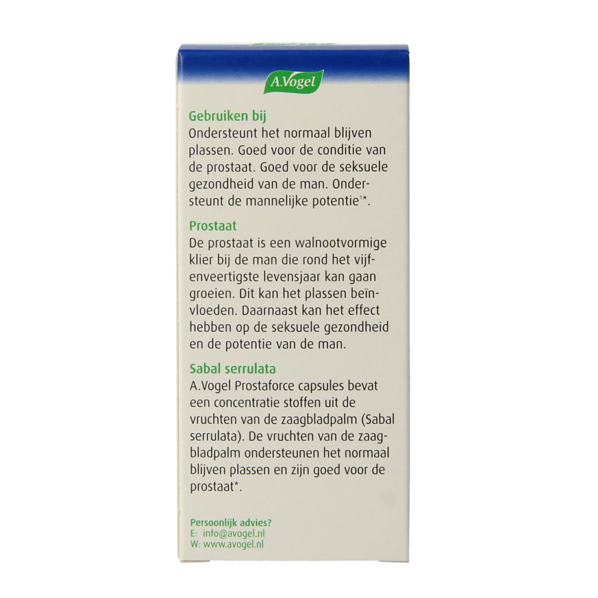 A Vogel Prostaforce herbal supplement capsules in a clear bottle, designed for supporting prostate health.