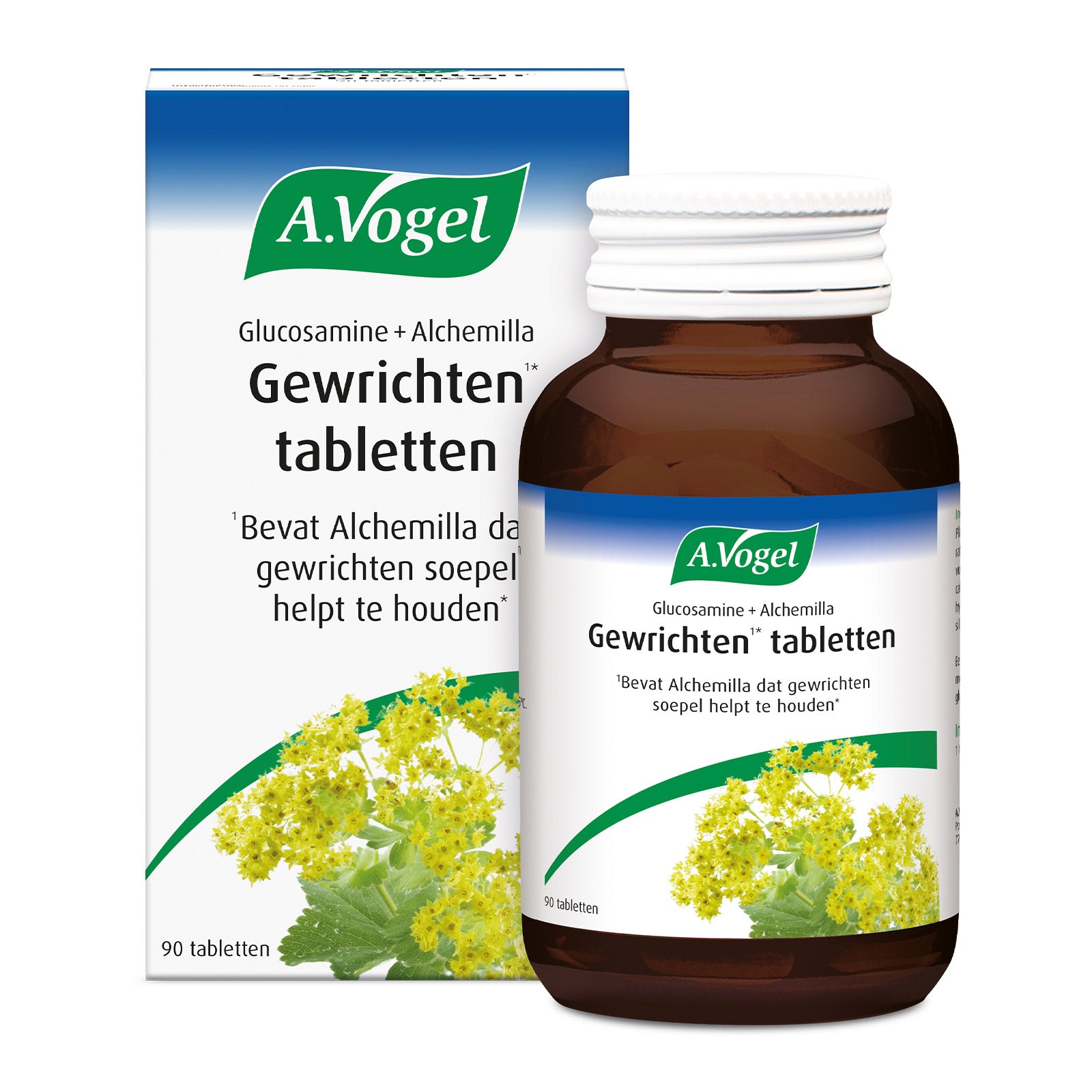 A Vogel Alchemilla glucosamine herbal supplement tablets, showing a bottle of 90 tablets with label and branding.