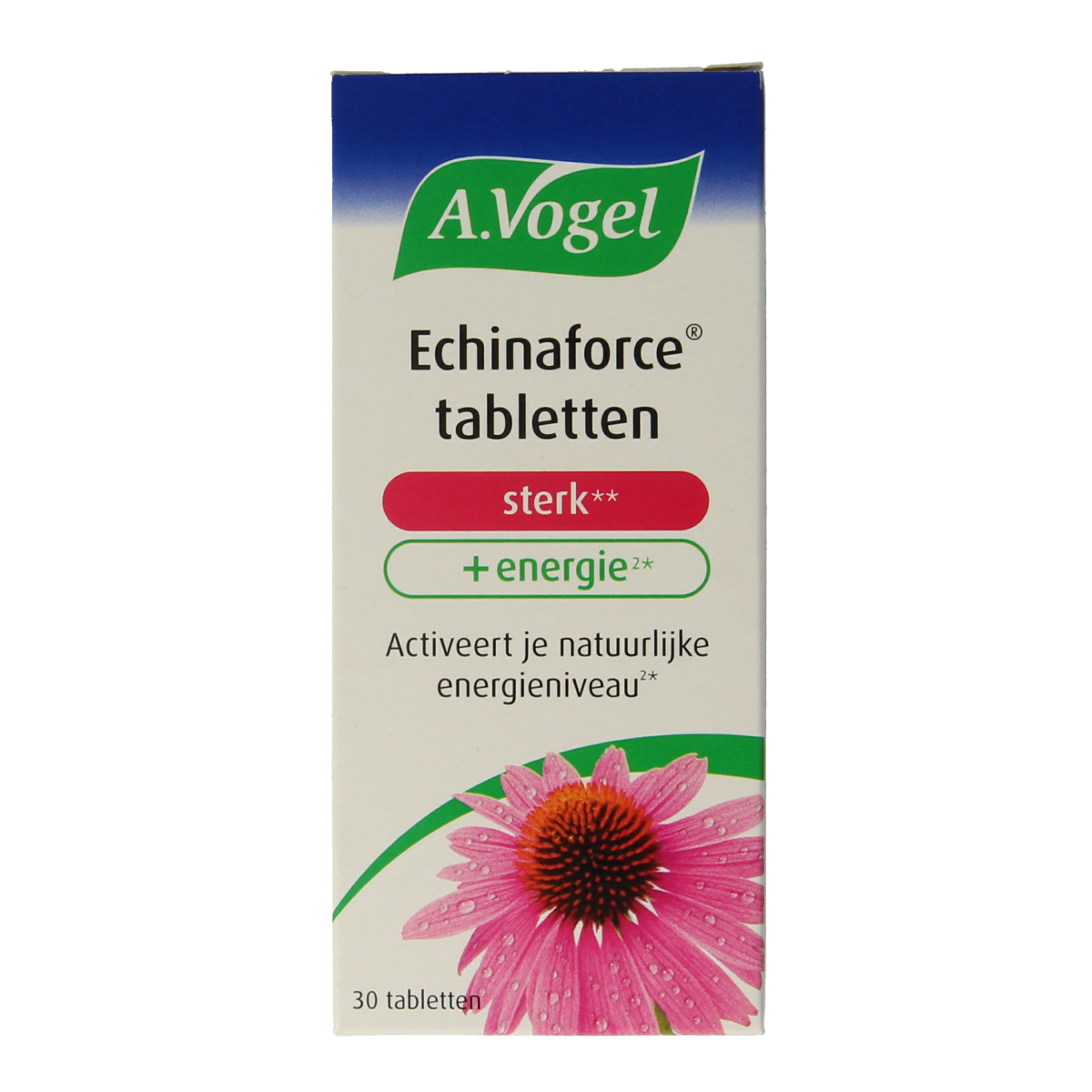 A Vogel Echinaforce herbal tablets for strength and energy, showing a close-up of the 30-tablet blister pack.