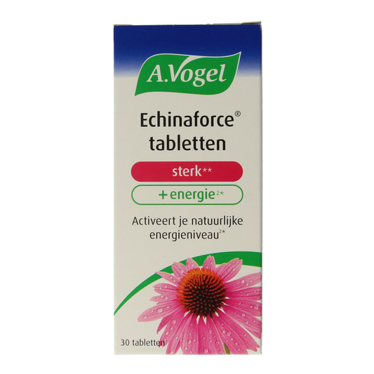 A Vogel Echinaforce herbal tablets for strength and energy, showing a close-up of the 30-tablet blister pack.