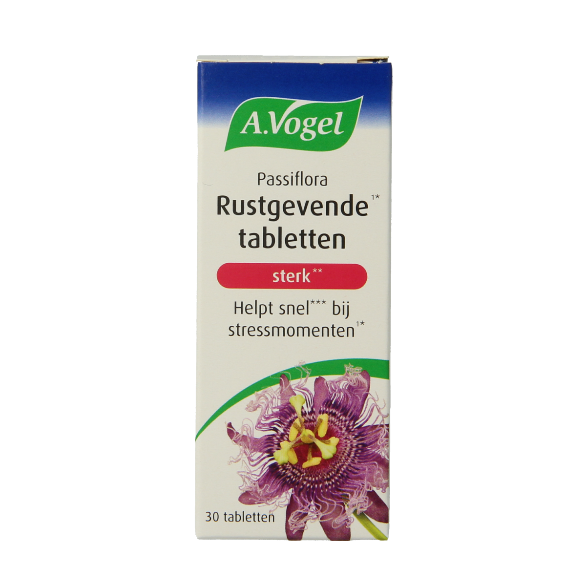 A Vogel Passiflora rustgevende tabletten, herbal supplement in a blister pack, designed to promote relaxation and calmness.