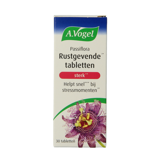 A Vogel Passiflora rustgevende tabletten, herbal supplement in a blister pack, designed to promote relaxation and calmness.