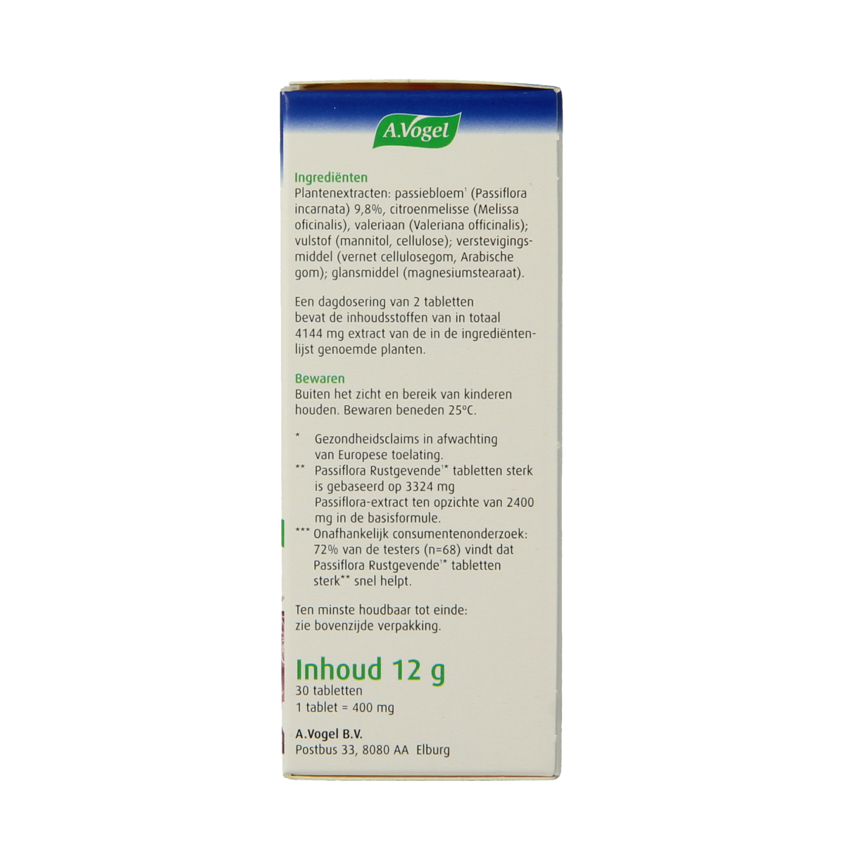 A Vogel Passiflora rustgevende tabletten, herbal supplement in a clear bottle with 30 tablets, designed for relaxation and stress relief.
