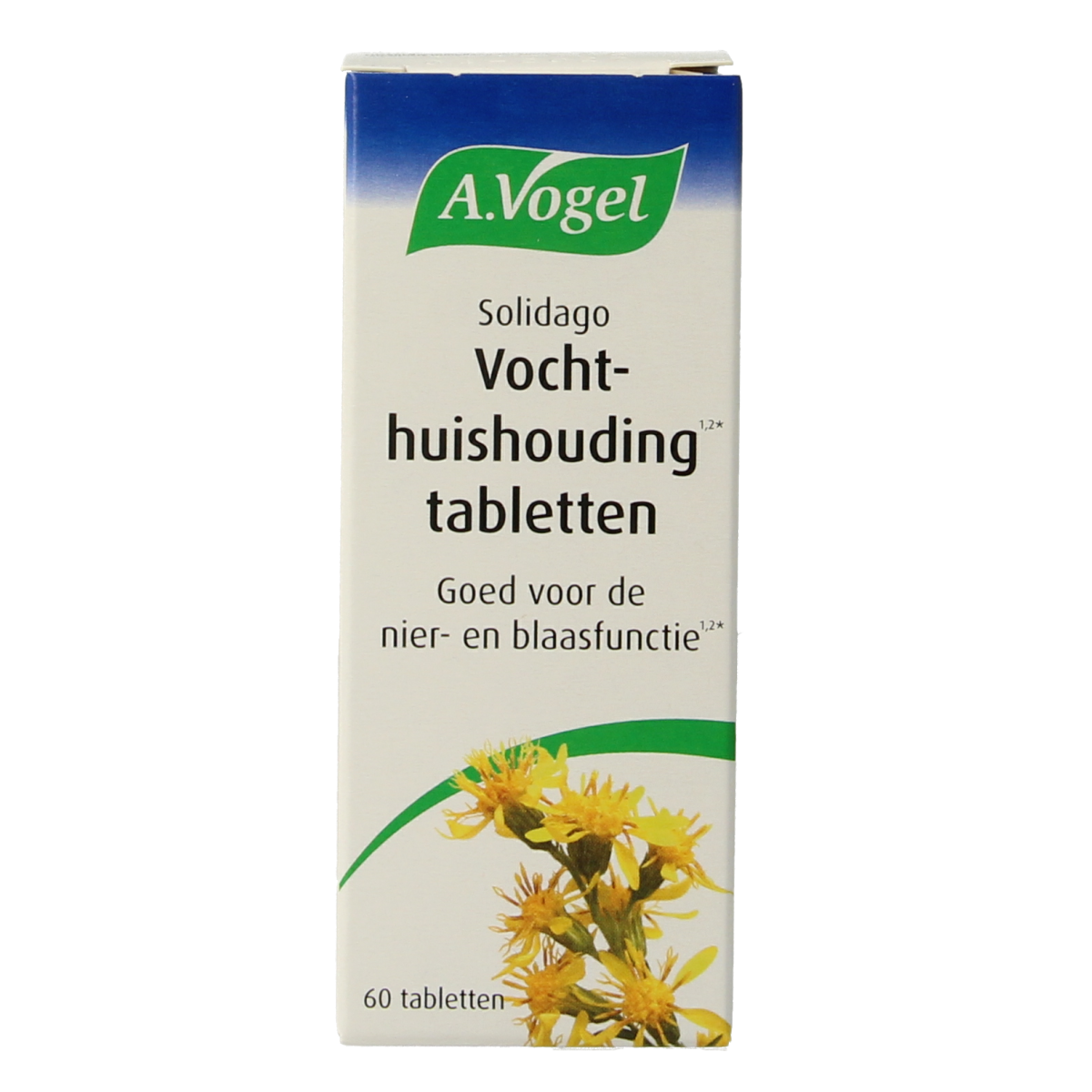 A Vogel Solidago herbal tablets in a white container, part of their herbal supplement range, with a label showing the product name.