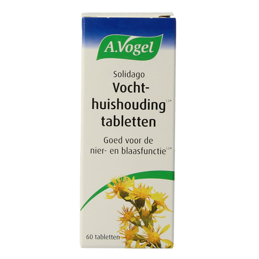 A Vogel Solidago herbal tablets in a white container, part of their herbal supplement range, with a label showing the product name.