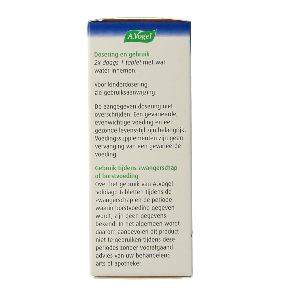 A Vogel Solidago herbal supplement tablets in a bottle, part of the A Vogel Kruidenpreparaten range, with tablets visible inside.