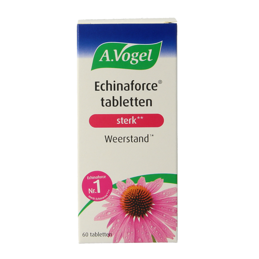 A Vogel Echinaforce sterke kruidenpreparaten tabletten in een doos met 60 tabletten, zichtbaar in een open verpakking