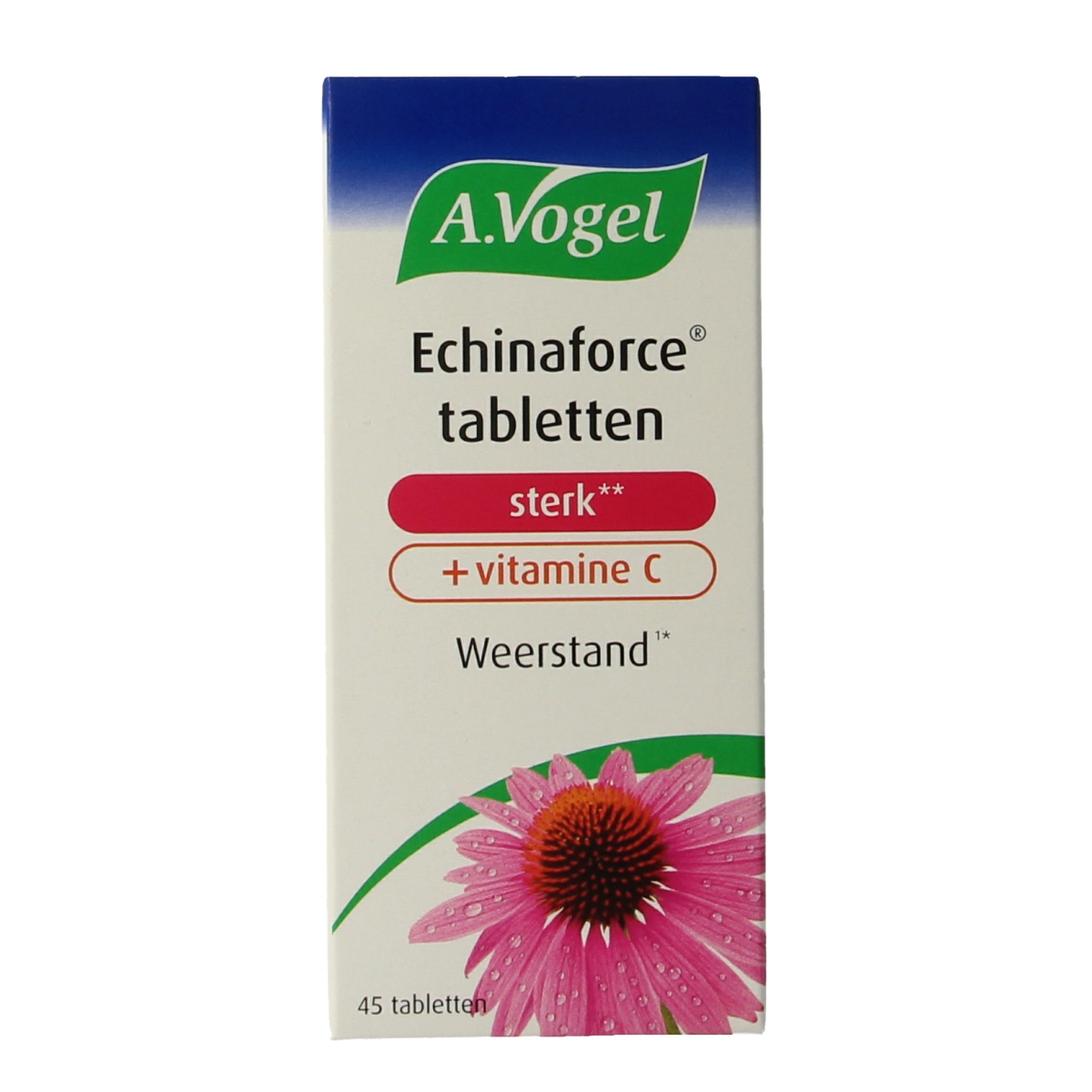 A Vogel Echinaforce sterk plus vitamine C herbal supplement tablets in a blister pack, promoting immune support and wellness.