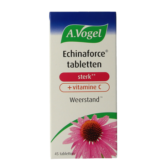A Vogel Echinaforce sterk plus vitamine C herbal supplement tablets in a blister pack, promoting immune support and wellness.