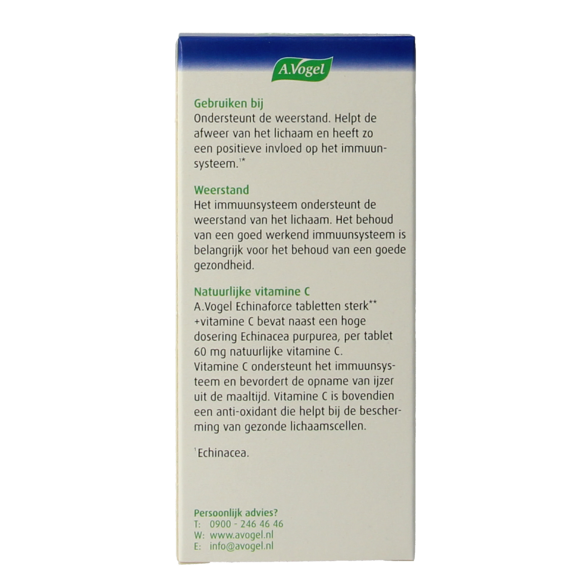 A Vogel Echinaforce sterk + vitamine C herbal tablets in a blister pack, promoting immune support with herbal ingredients and vitamin C.