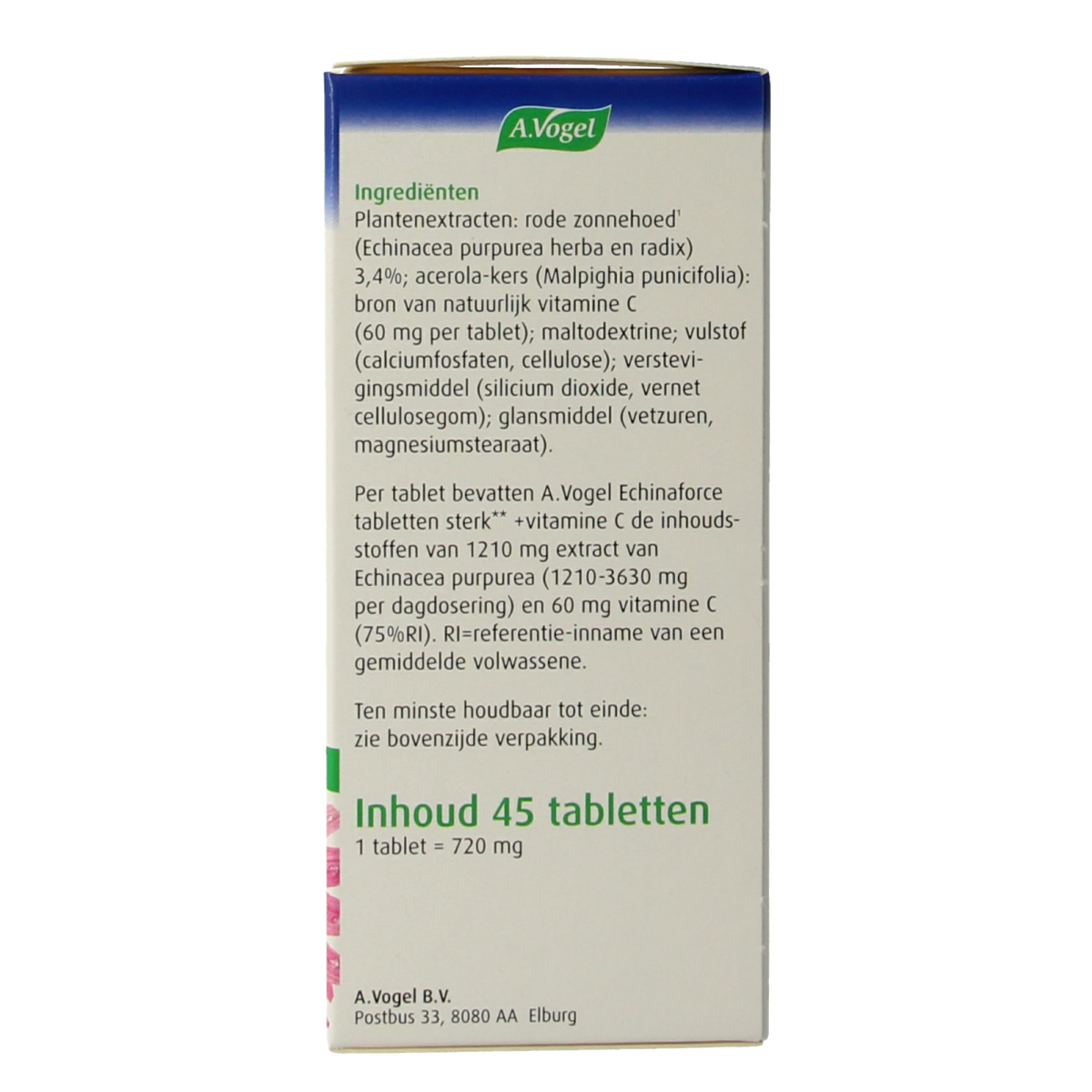 A Vogel Echinaforce sterk with vitamine C herbal tablets in a blister pack, designed to support immune health.