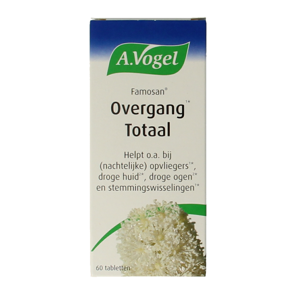 A Vogel Famosan overgang totaal herbal tablets in a clear container, showing the round tablets for natural health support.