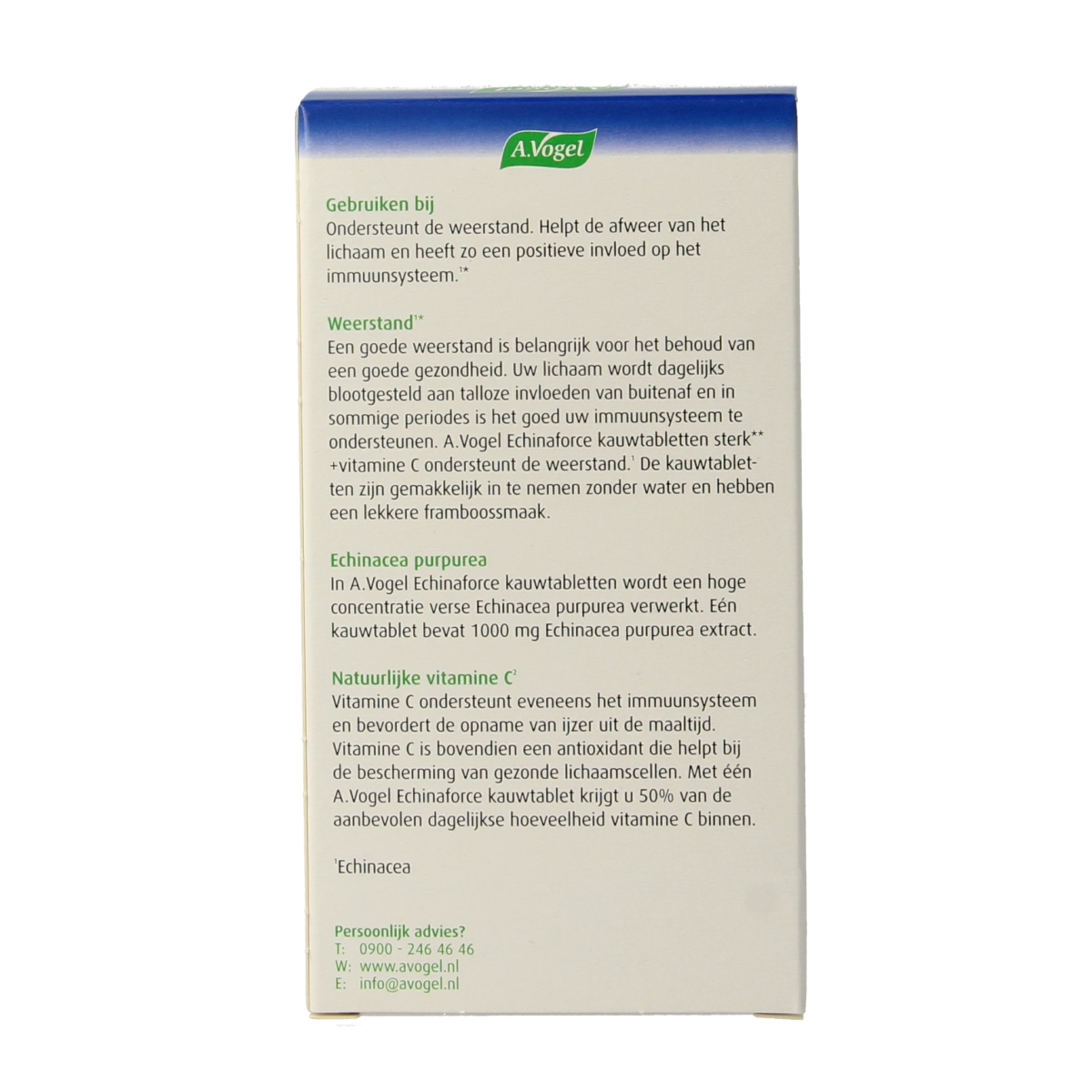 A Vogel Echinaforce kauwtablet sterk met vitamine C, kruidenpreparaat, close-up of the chewable tablets in packaging.