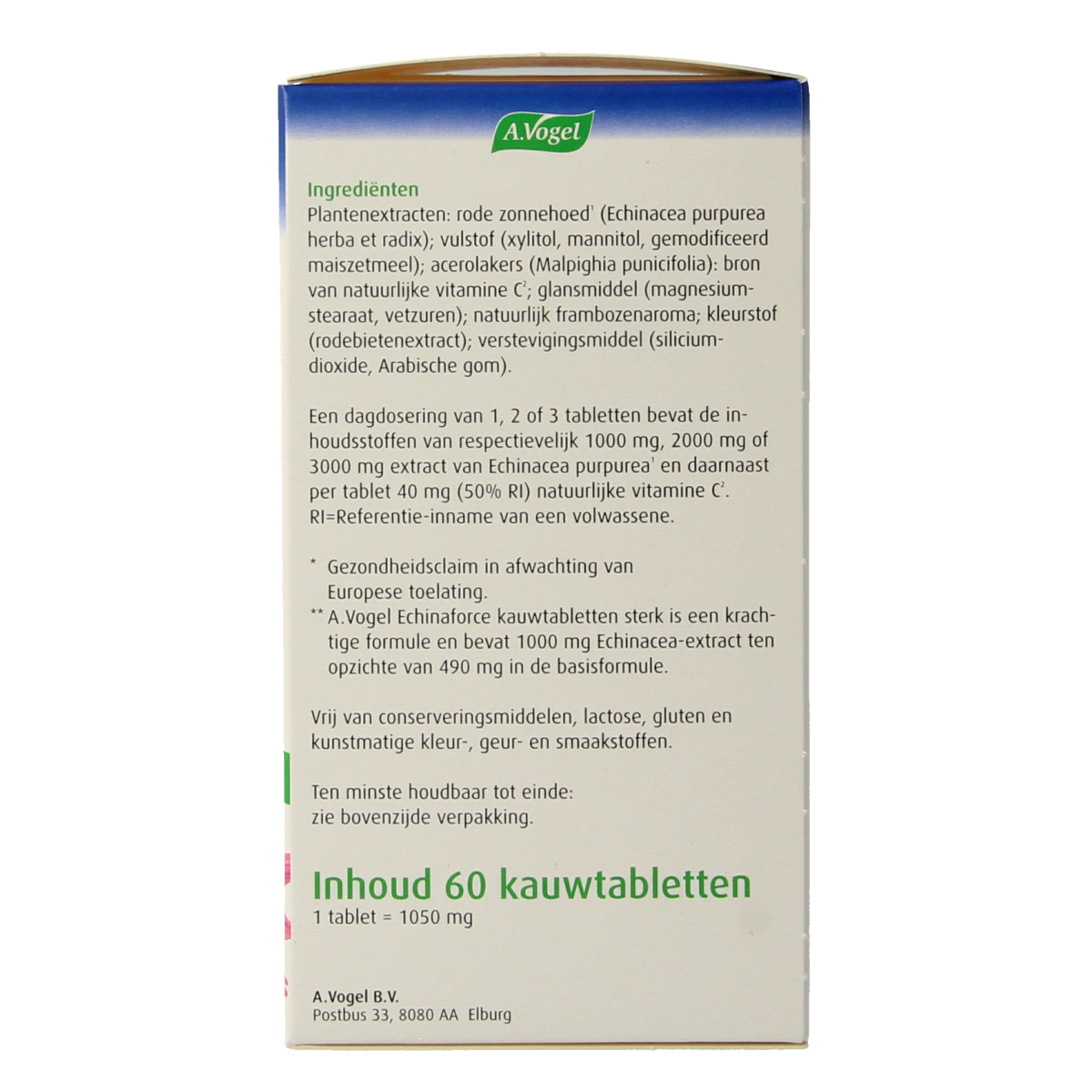 A Vogel Echinaforce kauwtabletten sterk met vitamine C, kruidenpreparaten in een doos met 60 kauwtabletten.