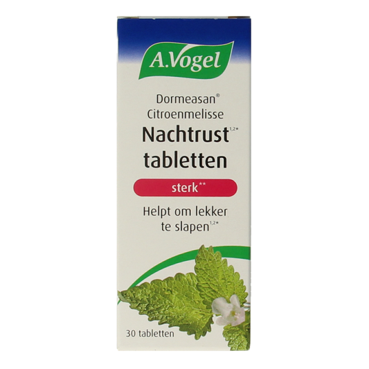 A Vogel Nachtrust Sterk herbal tablets for sleep relief, showing the product packaging with tablets inside.