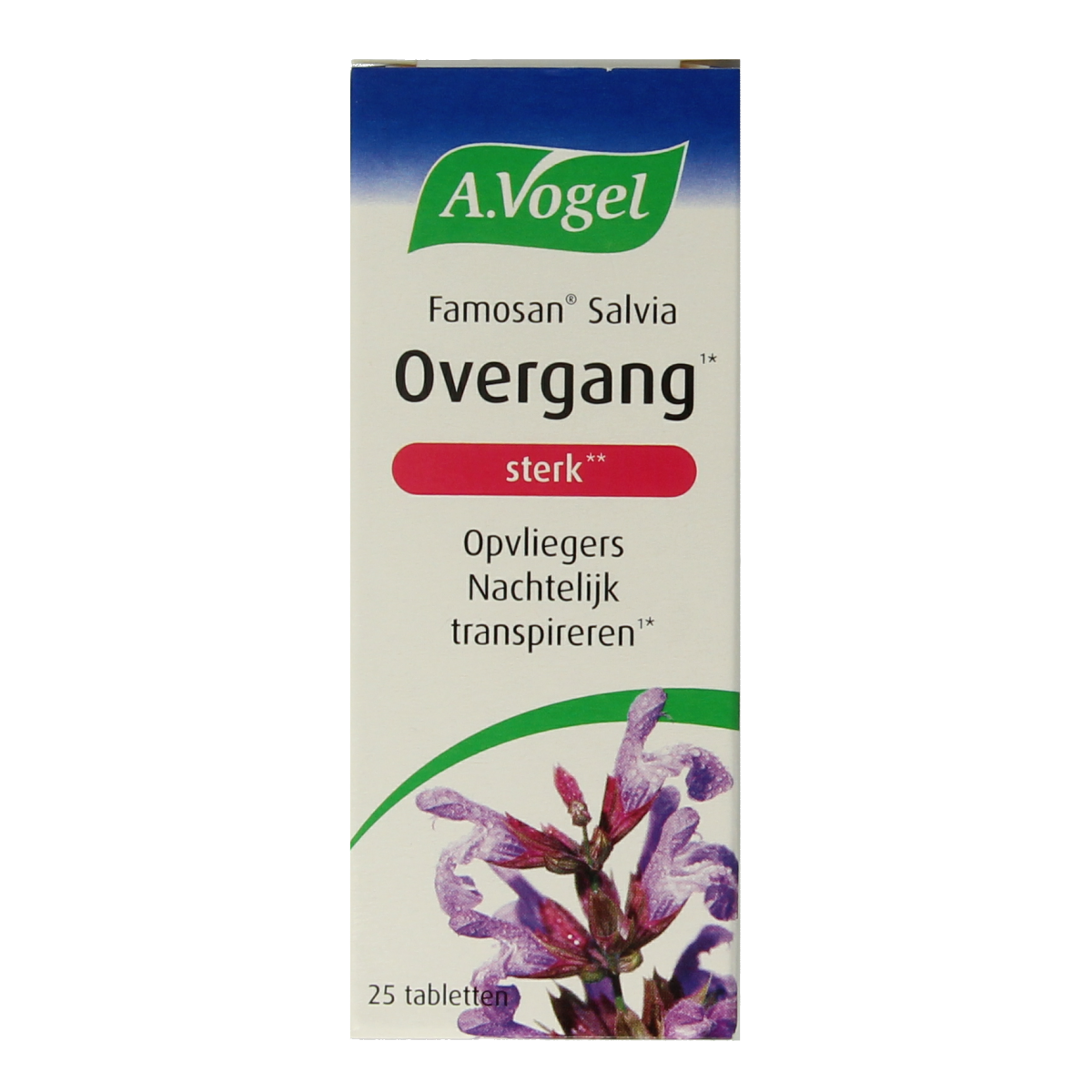 A Vogel Famosan Salvia Overgang Sterk herbal supplement tablets in a blister pack, showing the individual tablets and packaging.