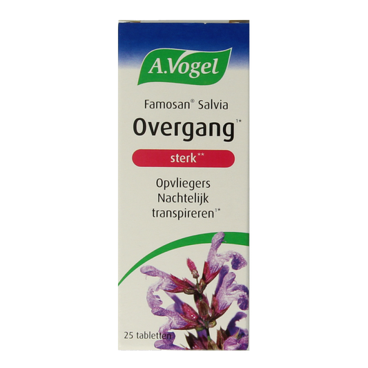 A Vogel Famosan Salvia Overgang Sterk herbal supplement tablets in a blister pack, showing the individual tablets and packaging.