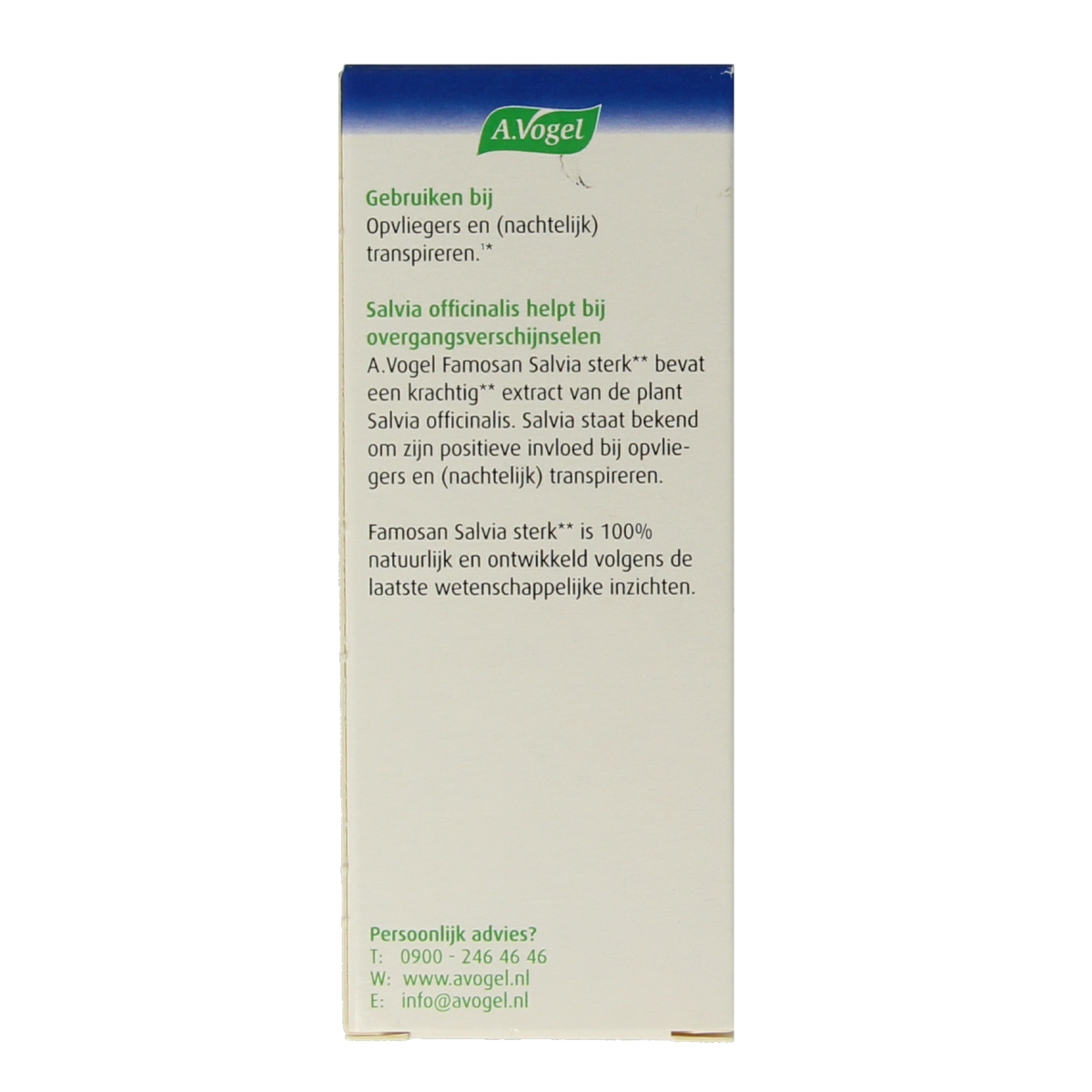 A Vogel Famosan Salvia Overgang Sterk herbal supplement tablets in a bottle, natural herbal product for health support.