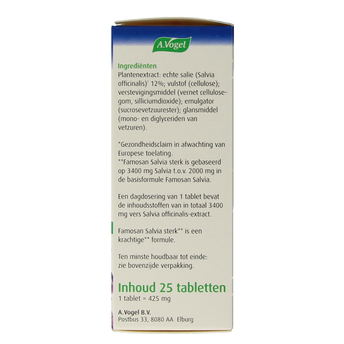 A Vogel Famosan Salvia Overgang Sterk herbal supplement tablets in a blister pack with green and white packaging.