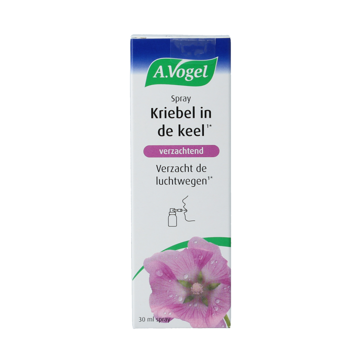 A Vogel Spray Kriebel in de Keel hoestmiddel, 30ml, with a white bottle and label, designed to soothe sore throats.
