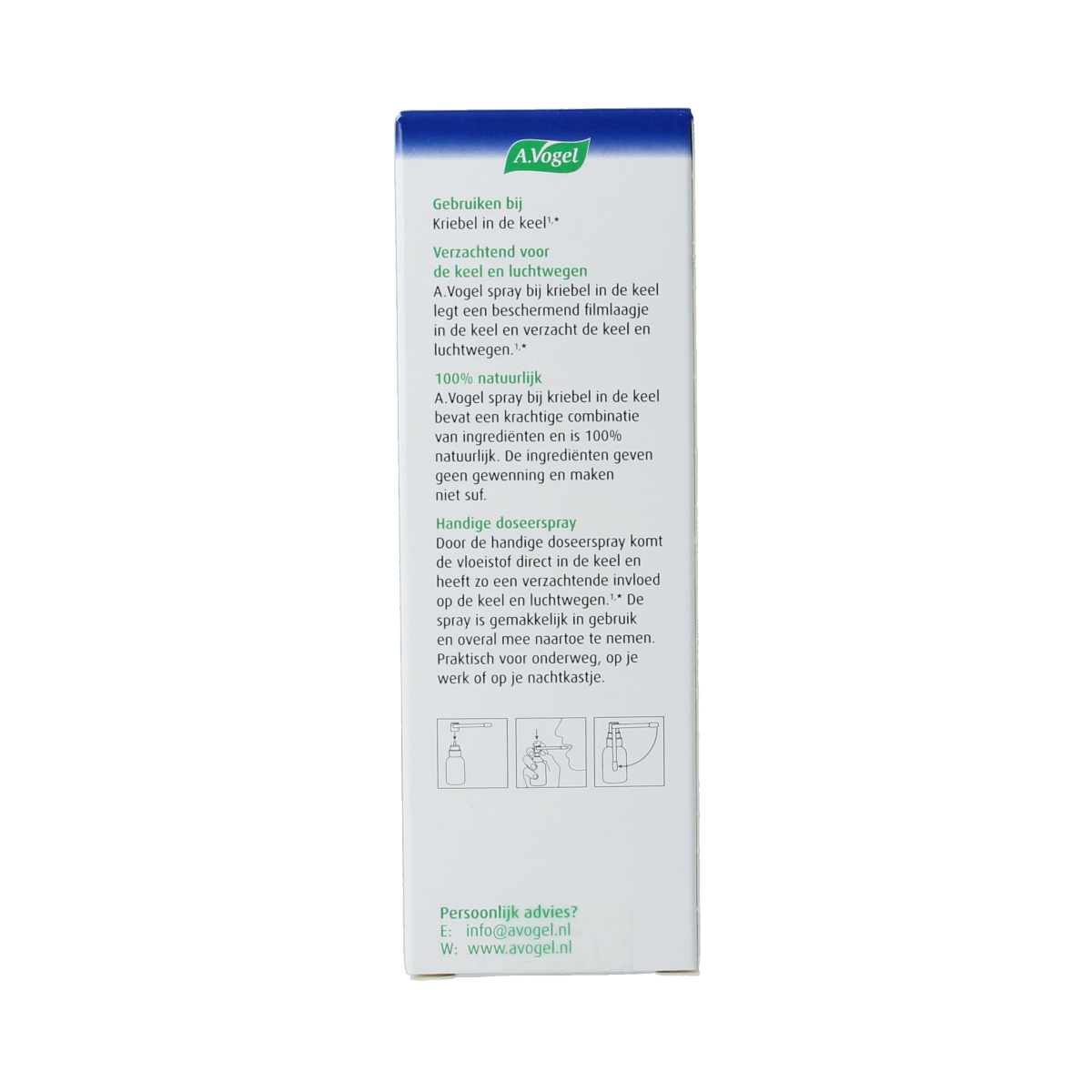 A Vogel Spray Kriebel in de Keel hoestmiddel in 30 ml flacon, featuring the product label and spray nozzle.