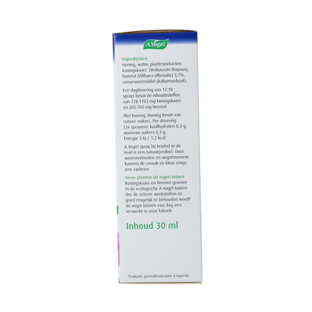 A Vogel Spray kriebel in de keel hoestmiddel flacon van 30 ml voor keelverlichting, met medische ingrediënten en gebruiksaanwijzing.