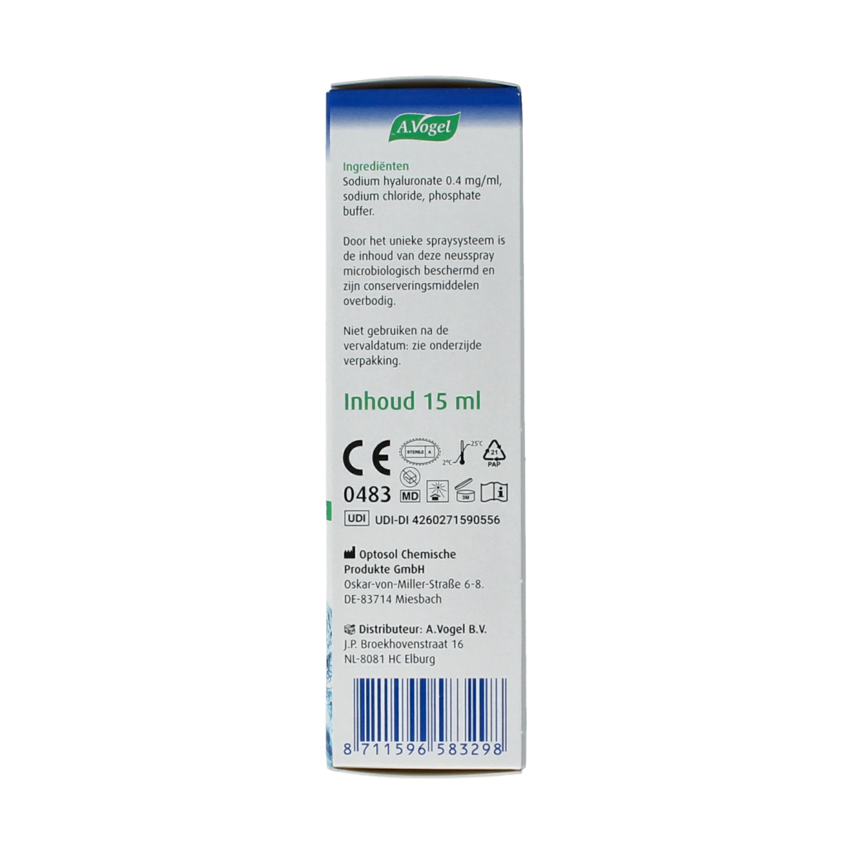 A Vogel Neusspray droge neusslijmvlies 15ml bottle for nasal care and inhalation, with spray nozzle and label visible.