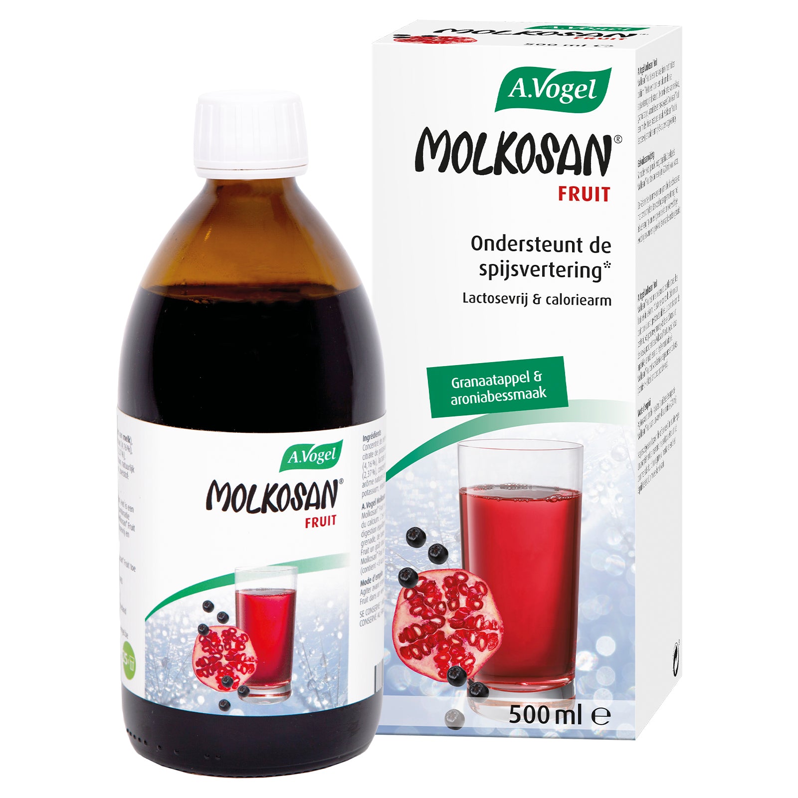 A Vogel Molkosan fruit herbal supplement in a 500ml bottle, showcasing the label and packaging.
